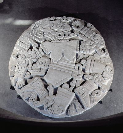Udskæring af sønderdelingen af månegudinden Coyolxauhqui, fundet ved foden af tvillingepyramiden i Tenochtitlan, sen efter klassisk periode (1300-1521) (se også 97326) af Aztec