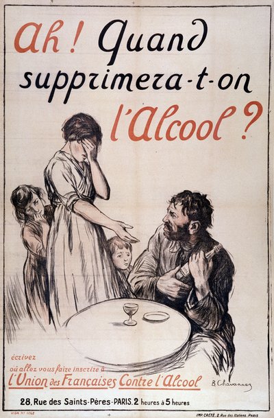 Alkoholisme: "Hvornår fjernes alkohol?" c. 1910 (litografi) af B. Chavannaz