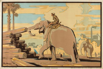 Timber Stacking, sarjasta "Burma: A Land of Rich Resources" (väri litho) af Ba Nyan