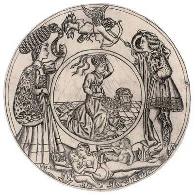 Aristoteles og Phyllis, omgivet af en ung mand og kvinde med Eros, og en tilbagelænet nøgen kvinde med to børn, anden halvdel af det 15. århundrede (gravering) af Baccio (circle of) Baldini
