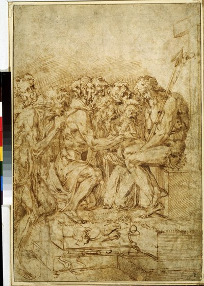 ""Kristus med symboler af lidenskaben omgivet af syv figurer"" (Kristus med symboler af lidenskaber overværet af syv figurer) Tegning med brunt blæk af Baccio Bandinelli (1493-1560) 16. århundrede Pushkin Museum Moskva af Baccio Bandinelli