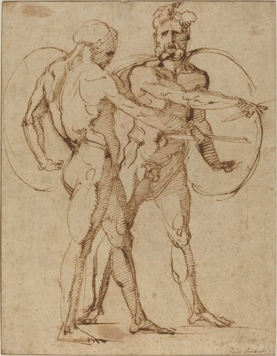 To mandlige nøgenbilleder, ca. 1520 (pen og brunt blæk på lagt papir) af Baccio Bandinelli