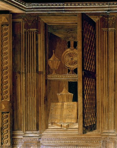 Intarsia paneler, der viser et skab med en gitterdør, i studiet af Federigo da Montefeltro, hertugen af Urbino (træ) af Baccio Pontelli