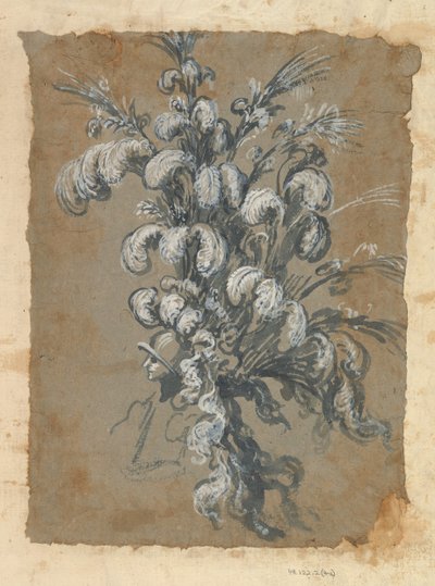 Design til en overdådig hovedbeklædning med fjer på en hjelm, ca. 1620-56. af Baccio del Bianco