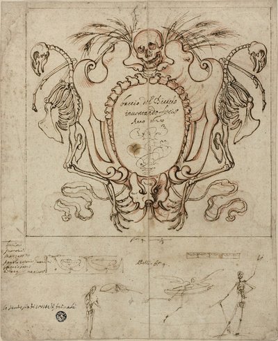 Begravelseskartouche med Indskrift og Skitser af Skeletter og Ornamentale Detaljer af Baccio del Bianco