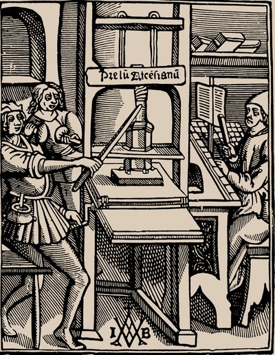 Prelum Ascensianum: printerens enhed med trykpressen på arbejde, 1508. af Badius