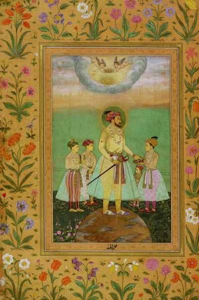 Shah Jahan (1592-1666) står på en stor klode omgivet af sine fire børn, fra Minto-albummet af Balchand
