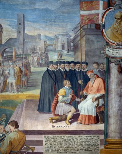 Bernard de Coucy, rektor for Patrimonium, giver byen Viterbo kirkens standard, fresko af Baldassarre Croce af Baldassare Croce
