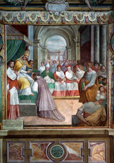 Celestine III indviede den første biskop af Viterbo i 1192, detaljer af fresker af Baldassare Croce af Baldassare Croce