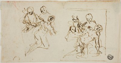 To kompositionsskitser af en sammenfaldende figur støttet af to andre figurer (recto); kompositionsskitse af en knælende figur ledsaget af to andre figurer af Baldassare Franceschini