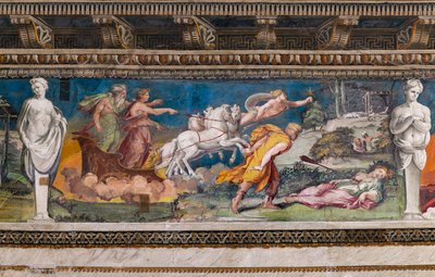 Procris spiddet af det aldrig fejlende spyd, Cephalus løber mod hende og Aurora og Titone på en vogn trukket af fire heste af Baldassarre Peruzzi