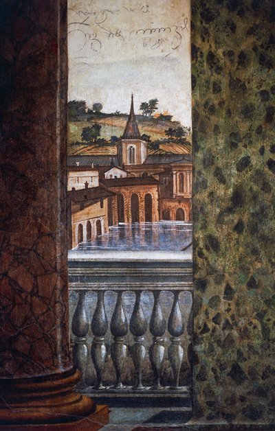 Rakennuksia veden äärellä, yksityiskohta Hall of Perspectives -salin freskosta af Baldassarre Peruzzi