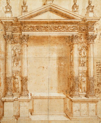 Design til et alter med et pedimenteret tabernakel understøttet på parrede korintiske statuer af Saint Lucy, Saint Agnes, Saint Ansanus og Saint Stephen i nicher mellem disse af Baldassarre Peruzzi