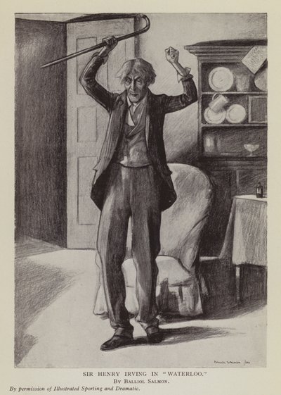 Den engelske skuespiller Henry Irving i Arthur Conan Doyles skuespil Waterloo (litografi) af Balliol (after) Salmon