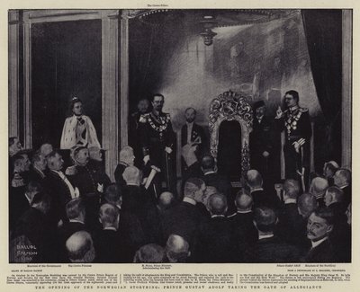 Åbningen af den norske stænderforsamling, prins Gustav Adolf aflægger troskabsed (litografi) af Balliol (after) Salmon