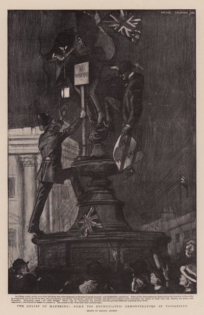 Afløsningen af Mafeking, nogle alt for entusiastiske demonstranter i Piccadilly (litografi) af Balliol (after) Salmon