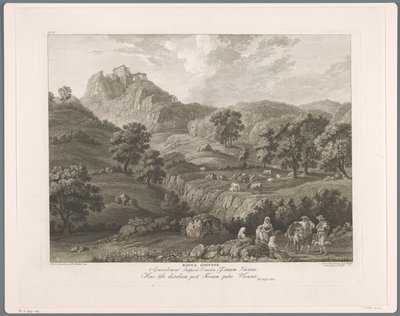 Udsigt over Roccagiovine Rocca Giovine (titel på objekt) Suite de VI vues des Environs de Rome (...) (serietitel) af Balthasar Anton Dunker