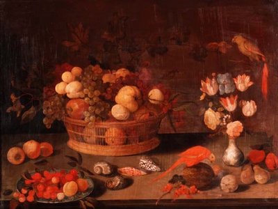 Et stilleben med ferskner, æbler og druer i en flettet kurv, blomster i en kinesisk vase og to papegøjer på et bord af Balthasar van der(follower of) Ast