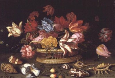 En kurv med blomster og skaller på en afsats (oliepanel) af Balthasar van der Ast