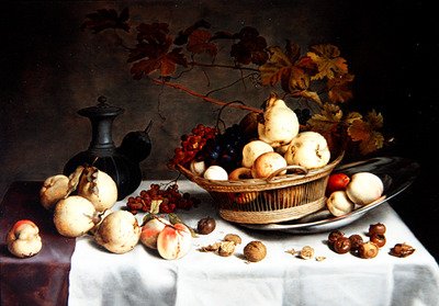 Et stilleben af kvæder i en kurv, andre frugter og genstande (olie på panel) af Balthasar van der Ast
