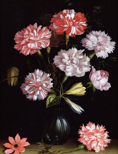 Blomsterstudie: nelliker i en vase (olie på panel) af Balthasar van der Ast