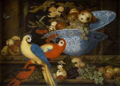 Frugtstilleben med to papegøjer af Balthasar van der Ast