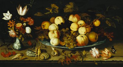 Frugt på fad, blomster i en Wanli Kraak-porseleinvase, kviste af kirsebær og ribs, muslingeskaller, en rose, en tulipan, en lyserød, en firben, en snegl og en rød admiral på en stenafsats, guldsmede ovenover, 1626 af Balthasar van der Ast