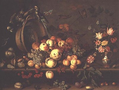 Stilleben med frugt, blomster og papegøjer, begyndelsen af 1620
