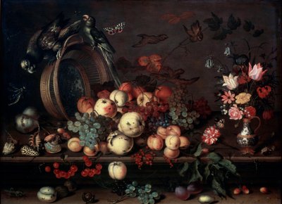 Stilleben med frugter, blomster og papegøjer, 1620
