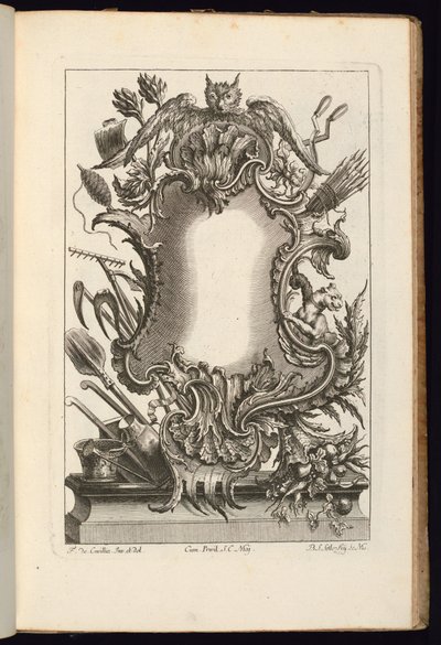 Cartouche med ugle, bog med uregelmæssige kartoucher af Balthazar Sigismond Setlezky