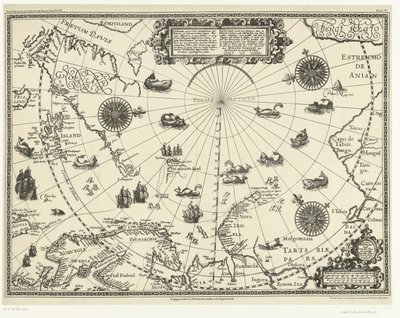 Kort over landene omkring polarcirklen med hollændernes tre rejser i 1598 af Baptista van (after) Doetechum
