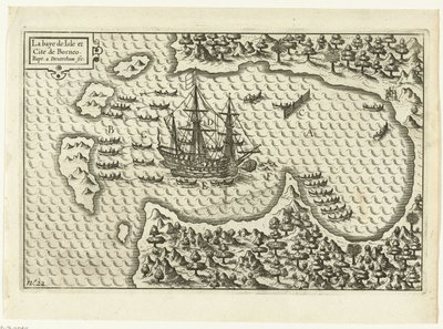 Aankomst op Borneo, 1600 La baye de Isle et Cite de Borneo (titel op object), RP-P-OB-75.411 af Baptista van Doetechum