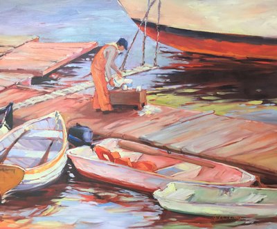 Fishing Maine, ca. 1980-95 (olie på lærred) af Barbara Cleary