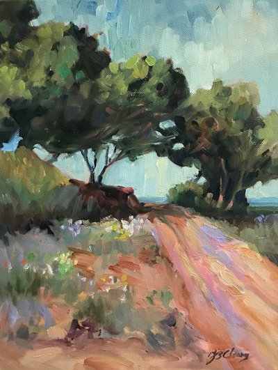 Kansas Road, ca. 1980-95 (olie på lærred) af Barbara Cleary