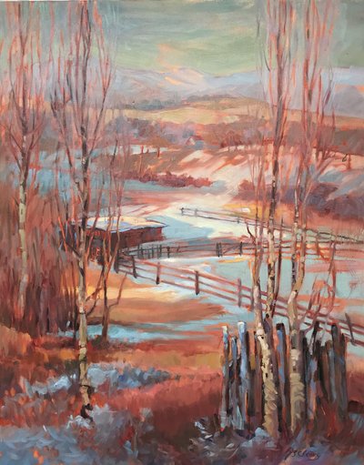 Rancho De Taos New Mexico, ca. 1980-2000 (olie på lærred) af Barbara Cleary