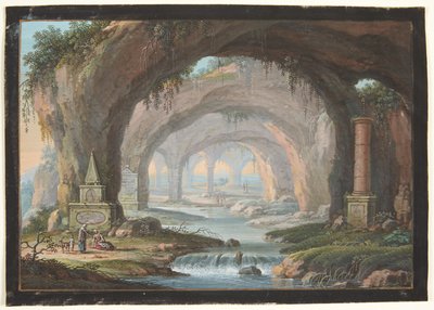 Landskab med gennembrudte grotter, gravmonumenter, en flod og figurer af Barbara Dietzsch