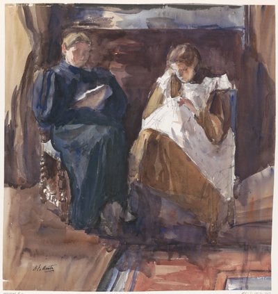 Læsende dame og broderende pige, set forfra, i huset på Riouwstraat 6, i Haag af Barbara Elisabeth van Houten