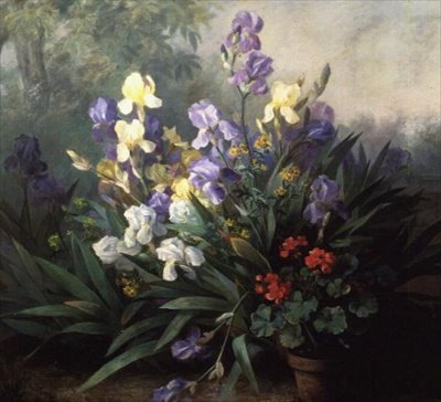 Blomsterlandskab med iris af Barbara Koch