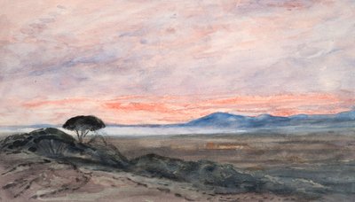 Landskab: Solnedgang (akvarel på vævet papir) af Barbara Leigh Smith Bodichon