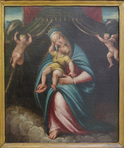 Madonna med barn under en baldakin holdt af to engle (maleri) af Barbara Longhi