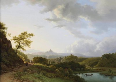 Et panoramisk sommerlandskab med rejsende og en borgruin i det fjerne af Barend Cornelis Koekkoek