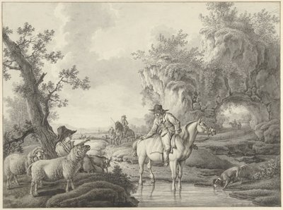 Landskab med en hyrde og en rytter ved en pool af Barend Hendrik Thier