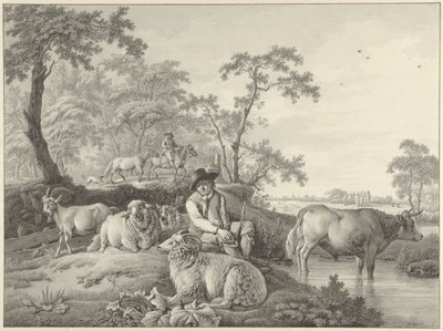 Hyrde med får, en ged og en ung tyr i et landskab af Barend Hendrik Thier