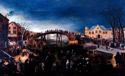 Et vinterlandskab med kunstskøjteløb og leg, ca. 1640-50 (olie på panel) af Barent (follower of) Avercamp