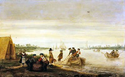 Flodscene med fiskere, der tegner net af Barent Avercamp