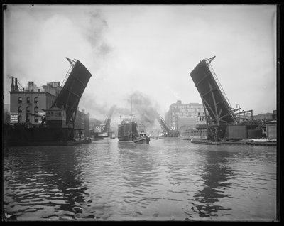 Passagerskib Pere Marquette på slæb på Chicago River, Chicago, Illinois, USA, ca. 1905 (s/h foto) af Barnes and Crosby