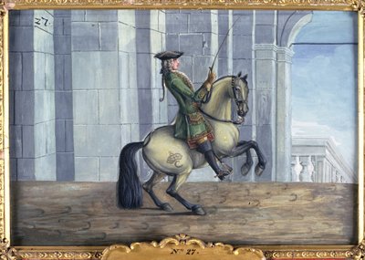 Nr. 27 En grå hest fra den Spanske Rideskole udfører en dressurbevægelse kaldet Levade (wc på papir) af Baron Reis Eisenberg