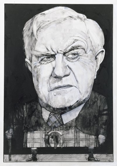 Portræt af Andrew Cruickshank, illustration til The Sunday Times (gouache ombord) af Barry Fantoni