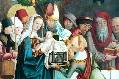 Tysk: Fløj af det tidligere højalter i Frauenkirche med scener af Jomfru Maria Welser Altar: Præsentation af Jomfru Maria og Jesus ved templet af Barthel Beham