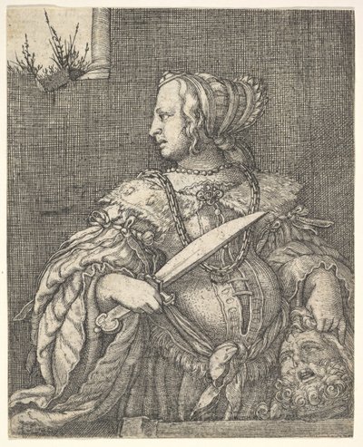 Judith, halvlang og i profil til venstre, et sværd i højre hånd og hovedet af Holo.... af Barthel Beham